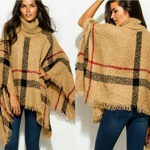 Plaid Turtleneck Poncho Cape Shawl Wrap Coverup w Fringed Hem One Size